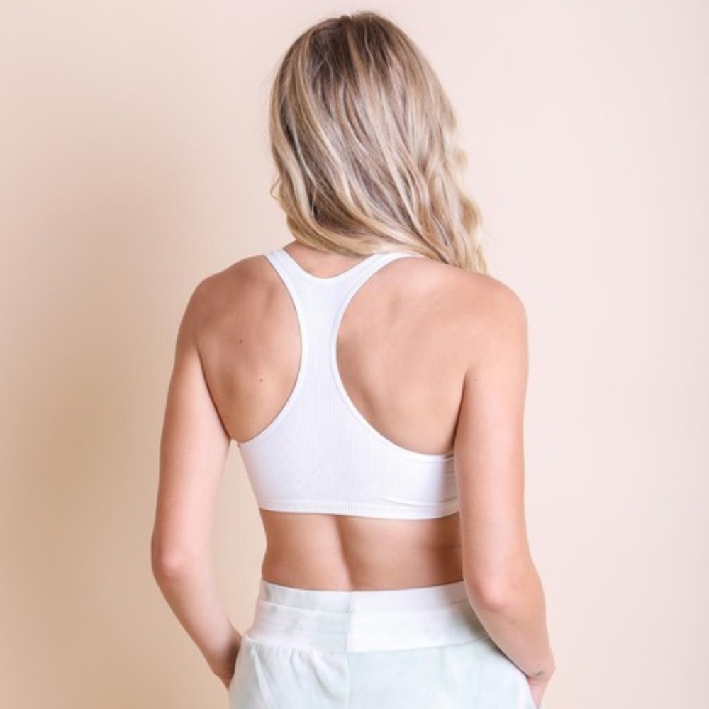 White Solid Ribbed Racerback Stretchy Casual Low Cut Bralette